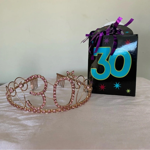 Happy 30th Birthday Set Pink Crystal Tiara and Black BDay Bag Balloon Weight - Picture 2 of 7